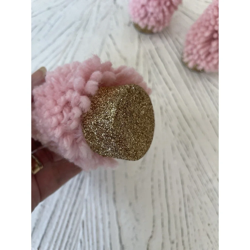 NWT  Set of 3 Pink Yarn Trees Gold Glitter Base Christmas Ornaments